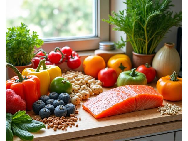 Alimentos frescos y saludables sobre una mesa de cocina