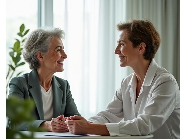 Especialista en bienestar conversando con una mujer en una consulta privada