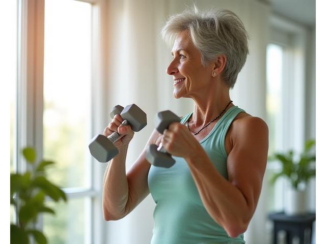 Mujer madura fuerte levantando pesas ligeras en un gimnasio luminoso.