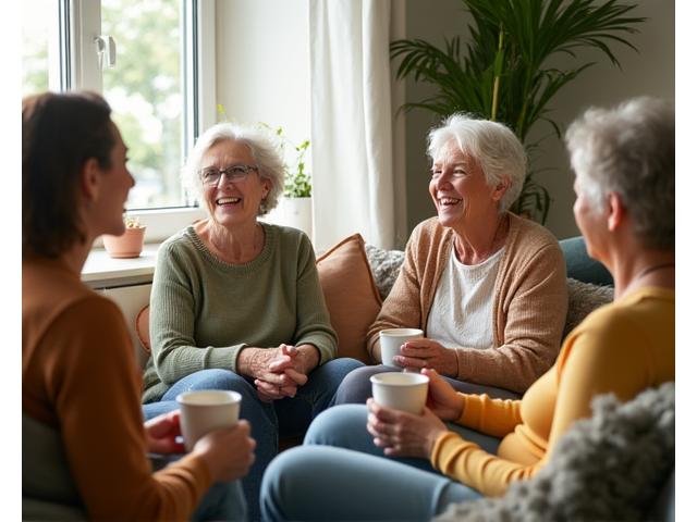 Mujeres de diversas edades riendo en un círculo de apoyo