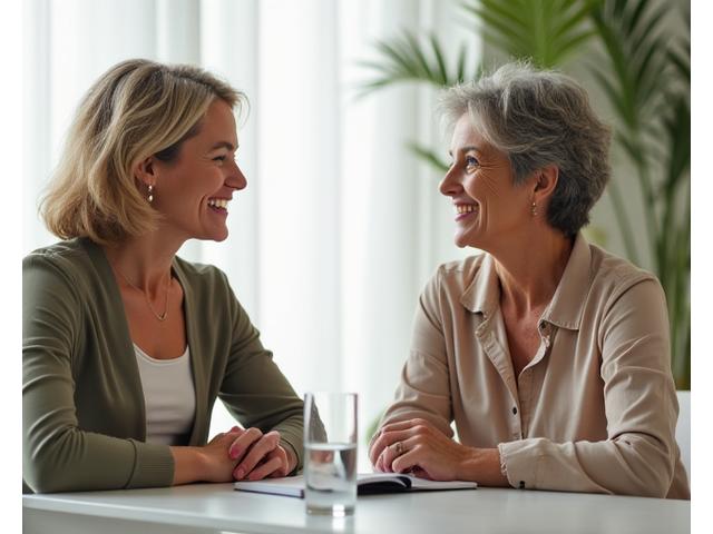 Mujer sonriente recibiendo coaching de bienestar