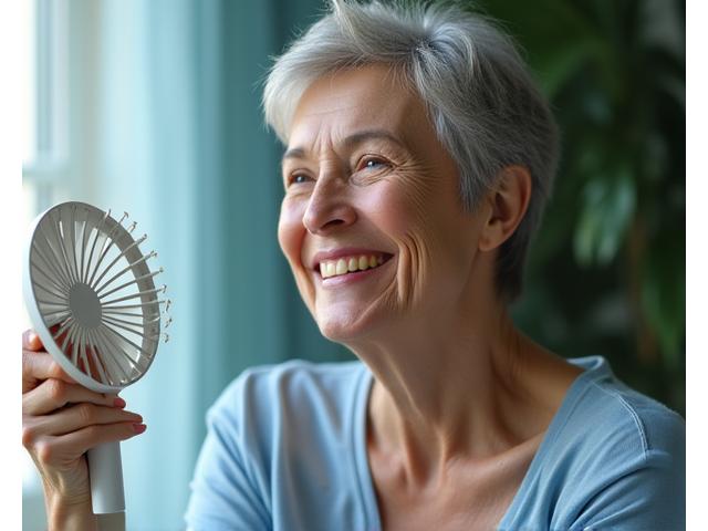 Mujer sonriendo fresca con un ventilador portátil, simbolizando alivio de sofocos.