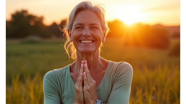 Mujer sonriendo, haciendo ejercicio suave al aire libre, representando un estilo de vida saludable.