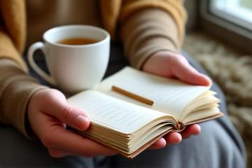 Persona escribiendo en un diario con una taza de té, evocando tranquilidad y reflexión.