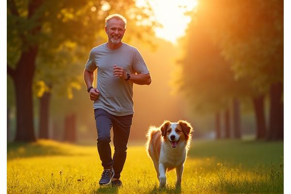 Hombre adulto atlético trotando en un parque soleado, reflejando su nueva rutina de ejercicio y energía.