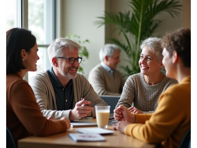 Grupo diverso de adultos interactuando en un ambiente amigable y de apoyo, simbolizando nuestra comunidad en línea.