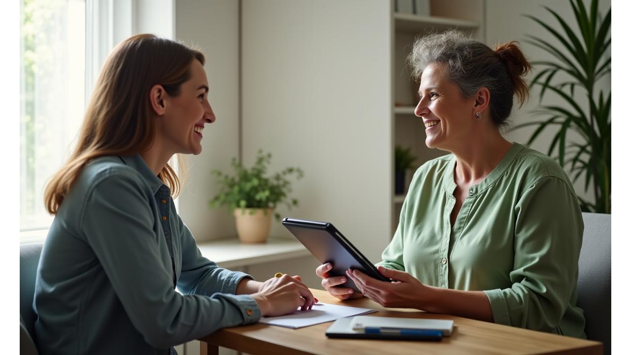 Coach de bienestar sonriendo en una sesión con un cliente adulto en una oficina luminosa, con un tablet en mano, simbolizando apoyo y orientación personalizada.
