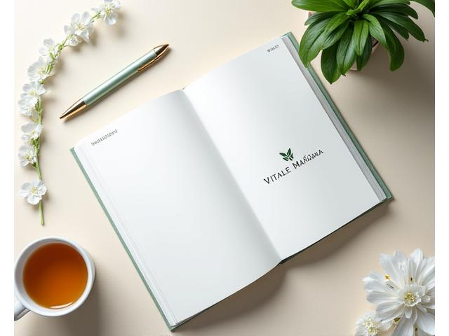 Diseño de un workbook abierto de Vitales Mañana en una mesa de madera, con pluma y una taza de té, mostrando contenido sobre planificación de objetivos de bienestar.