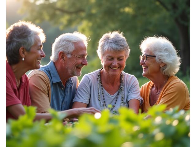 Grupo diverso de adultos mayores participando en una actividad comunitaria, como jardinería o un club de lectura, riendo y conversando, mostrando conexión social y propósito.