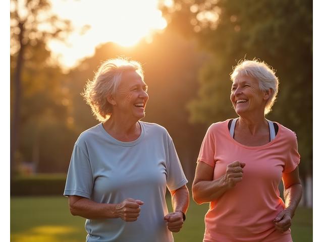 Adultos mayores riendo y haciendo ejercicio al aire libre en un parque de Valencia, simbolizando un envejecimiento activo y feliz.