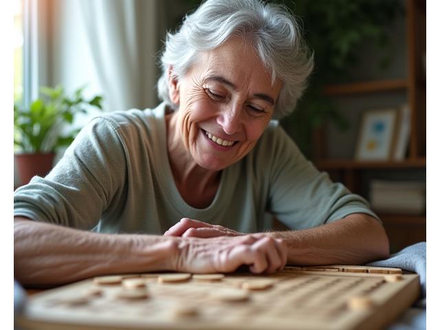 Persona mayor resolviendo un puzzle o crucigrama con una expresión pensativa y concentrada, simbolizando agudeza mental.