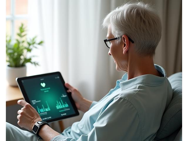 Una persona mayor revisando sus datos de salud en una tablet o smartwatch, con gráficos y mediciones visibles, simbolizando el monitoreo proactivo de la salud.