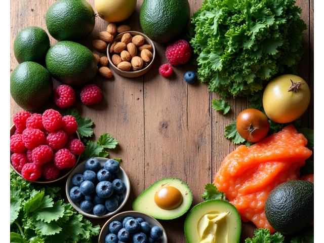 Mesa rústica llena de alimentos frescos y coloridos como bayas, verduras de hoja verde, pescado y frutos secos, simbolizando una dieta rica en antioxidantes.