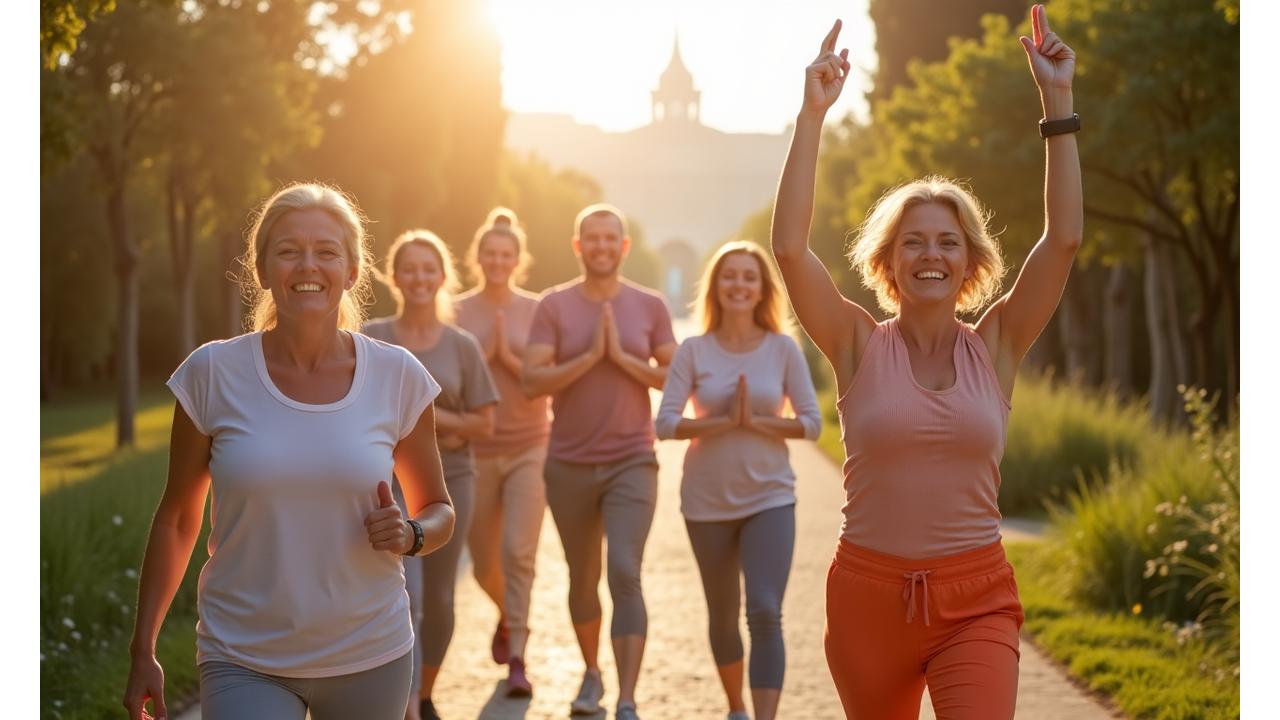 Grupo de adultos sonrientes y activos en una mañana soleada en los Jardines del Turia, Valencia, disfrutando de un paseo y yoga al aire libre, simbolizando vitalidad y bienestar en la ciudad.