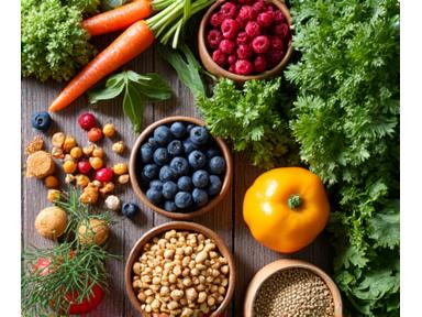 Mesa llena de alimentos frescos y coloridos como frutas, verduras, nueces y granos, simbolizando nutrición funcional.