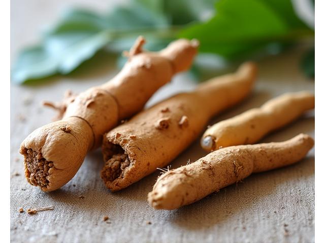 Raíces de ashwagandha, rhodiola rosea y ginseng, en un entorno natural y orgánico.
