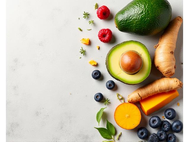 Cúrcuma fresca, jengibre, bayas vibrantes y aguacate dispuestos artísticamente.