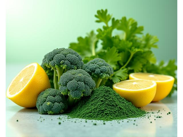 Brócoli fresco, cilantro, limón en rodajas y espirulina en polvo, ingredientes depurativos.