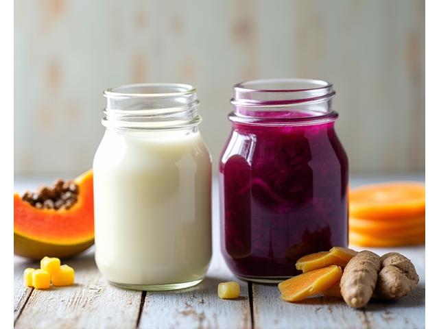 Tarros de kéfir, un bol de chucrut recién hecho, fruta fermentada y jengibre fresco.