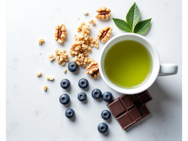Un plato de nueces variadas, chocolate negro de calidad, arándanos frescos y una taza de té verde humeante.