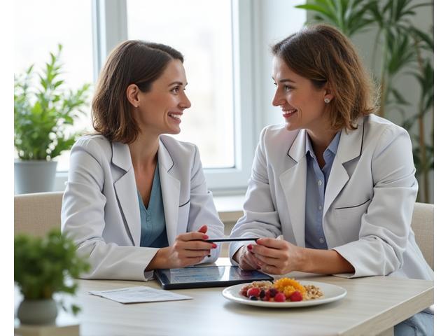 Nutricionista explicando detalladamente un plan de alimentación a una cliente madura en una oficina moderna y luminosa, con gráficos y tablets.