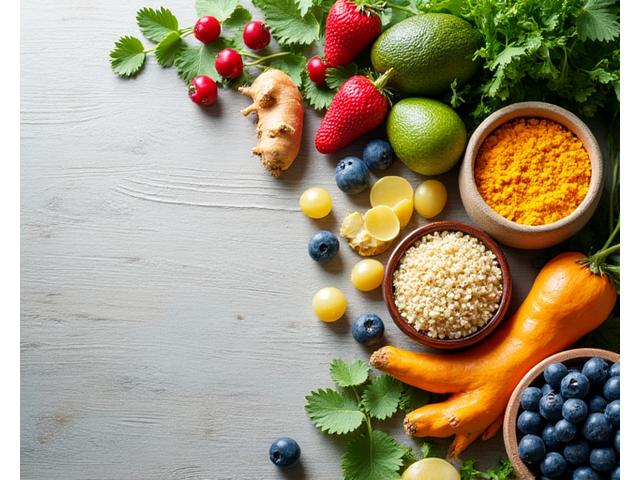 Variedad de alimentos frescos y coloridos como frutas, verduras, especias y hierbas. Un bol de quinoa y pescado cocido sugieren una dieta equilibrada.