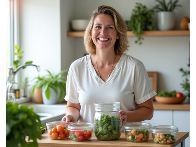 Persona de mediana edad sonriendo mientras prepara comidas saludables en una cocina moderna. Mesas con recipientes para batch cooking y planificación visual.