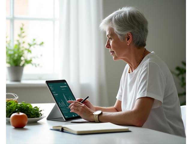 Mujer de mediana edad anotando en un diario de alimentos mientras consulta una tablet, rodeada de ingredientes frescos y saludables. Transmite un proceso de personalización y seguimiento.