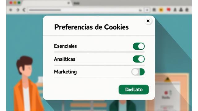 Una ventana emergente virtual de configuración de cookies con botones de alternancia para controlar la privacidad, sobre un fondo web, simbolizando la interfaz de control del usuario.