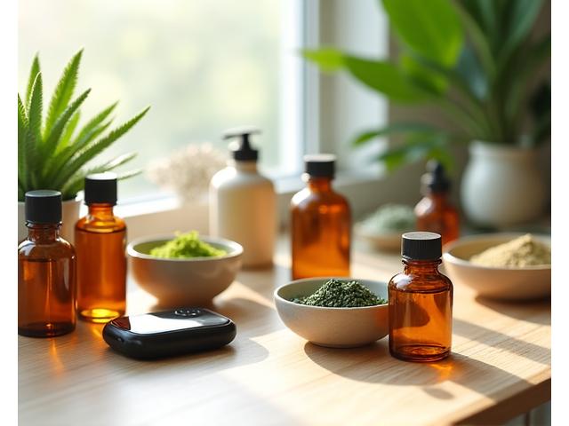 Variedad de productos saludables de alta calidad como botellas de suplementos, superalimentos y dispositivos de bienestar, organizados estéticamente sobre una superficie de madera clara, con enfoque en tonos verdes y cálidos.