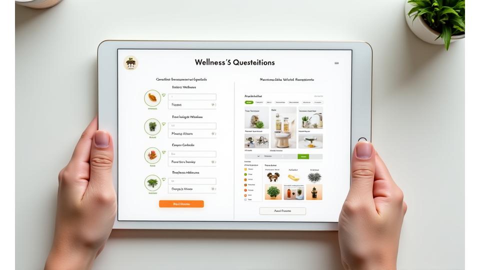 Representación de un cuestionario interactivo en una pantalla digital que guía al usuario a través de preguntas sobre sus objetivos de salud y estilo de vida, culminando en un dashboard con recomendaciones de productos personalizadas.