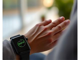 Smartwatch elegante en la muñeca de una persona activa, mostrando métricas de salud.