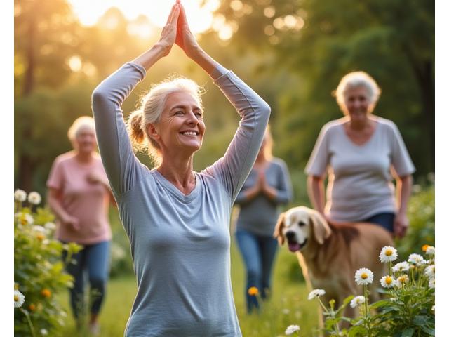 Mujeres y hombres adultos en diversas actividades de bienestar: yoga, meditación, jardinería, caminando en un parque, sonriendo y activos. La imagen irradia vitalidad y salud.
