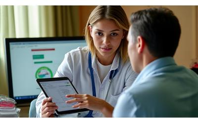 Un profesional de Vitales Mañana analizando datos de salud en una tableta con un cliente adulto, enfocado en la personalización.