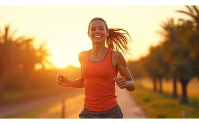 Una persona de mediana edad, llena de energía, saltando o corriendo al aire libre, simbolizando el inicio de un estilo de vida activo y feliz.