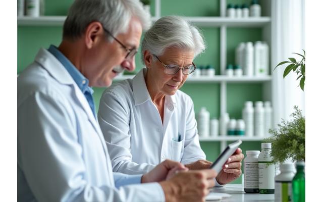 Dos nutricionistas examinando etiquetas de productos y suplementos en un entorno de laboratorio o clínica limpia, con énfasis en la lectura de ingredientes y certificaciones.