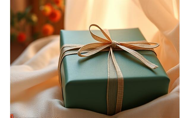 Una Box Vital elegantemente envuelta con un lazo, acompañada de una tarjeta de regalo personalizada, sobre un fondo suave y cálido.