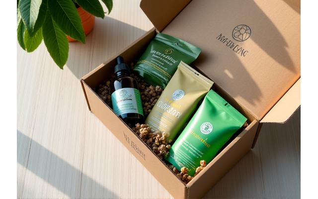 Una Box Vital abierta revelando productos saludables premium como suplementos, superalimentos y snacks orgánicos sobre una mesa de madera clara con luz natural.