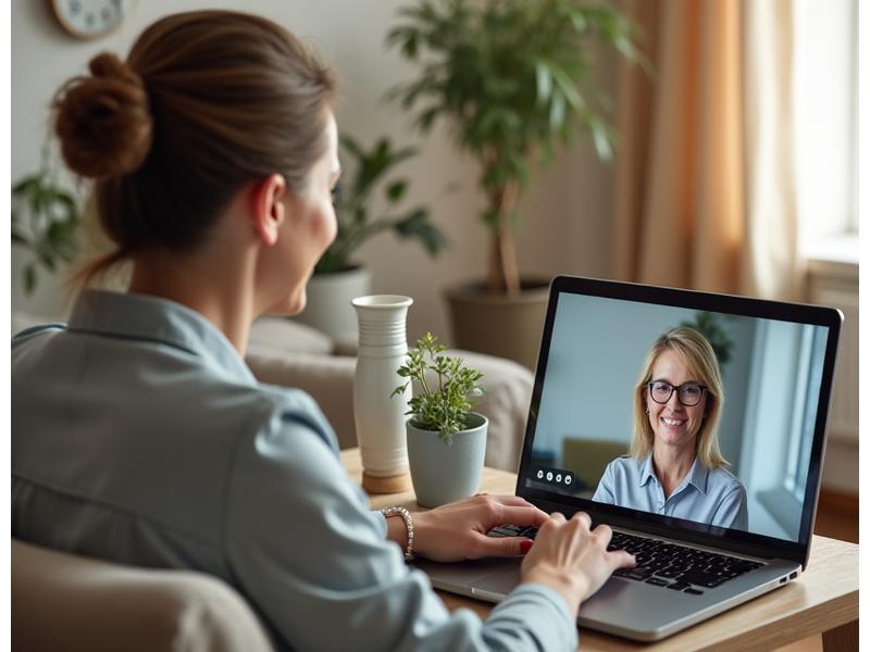 Mujer mayor hablando con un coach nutricional en una videollamada, mostrando servicios digitales de bienestar.